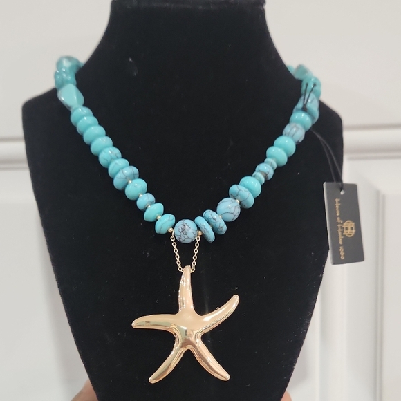 🔹️House Of Harlow🔹️ Gold Star Pendant Reconstructed Turquoise 18" Necklace - Picture 3 of 4